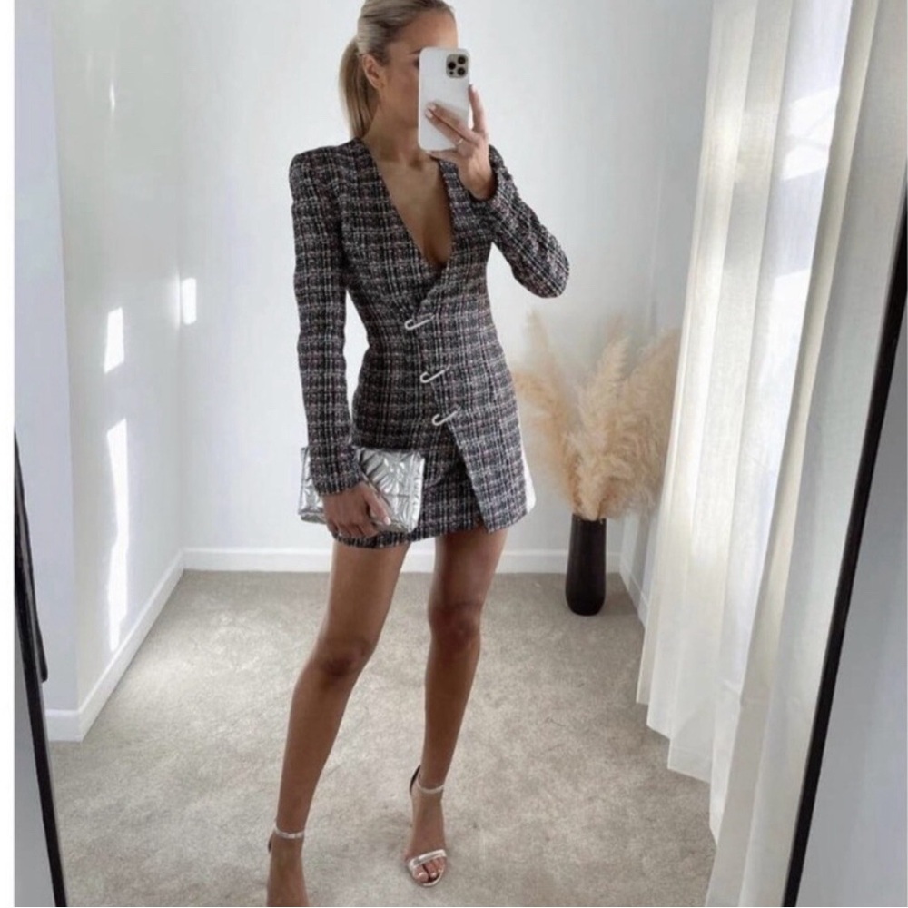 Zara Tweed Blazer Dress in Black, White & Gray